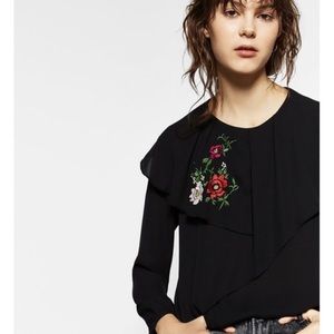 NWT ZARA Black Double Frill Embroidered Top Blouse